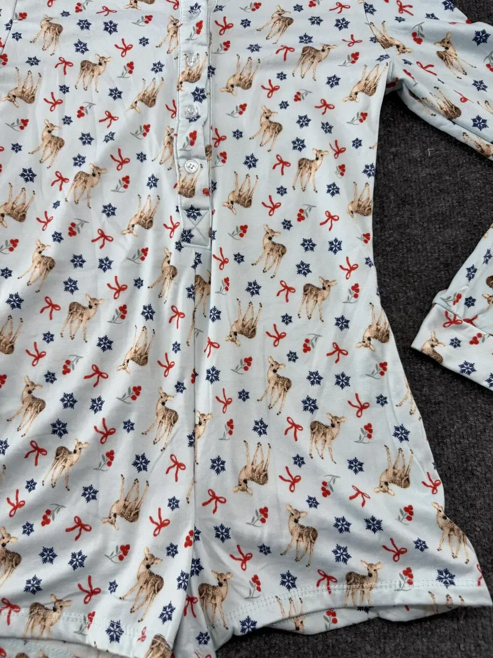 Pajama Romper Womens M Blue Deer Snowflake Christmas Fleece Button Long Sleeve